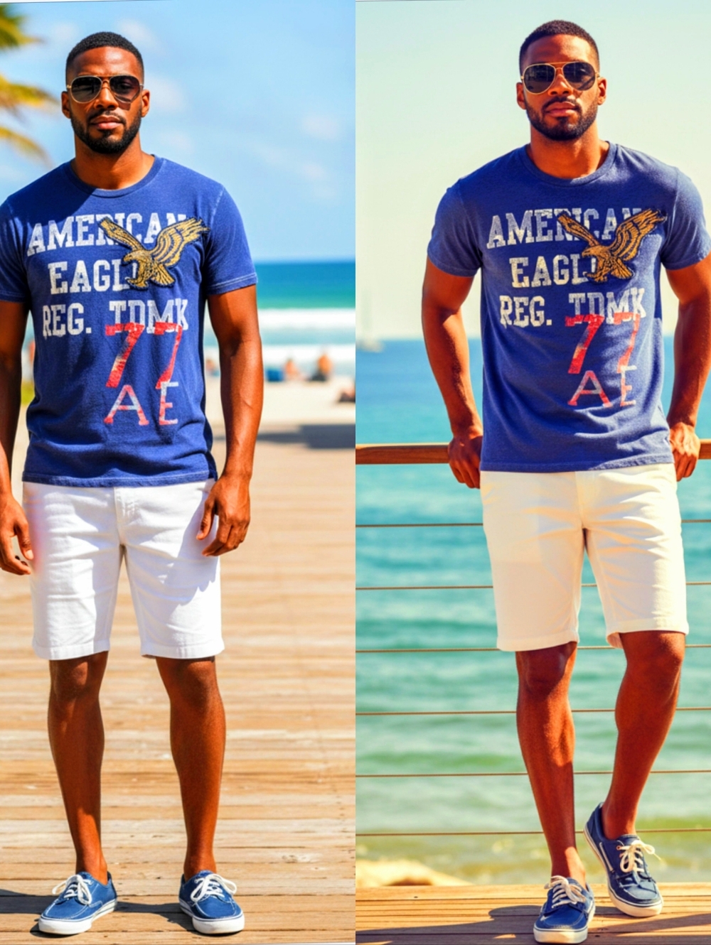 American Eagle Outfitters Navy Blue Tee with Cream Logo Detail
